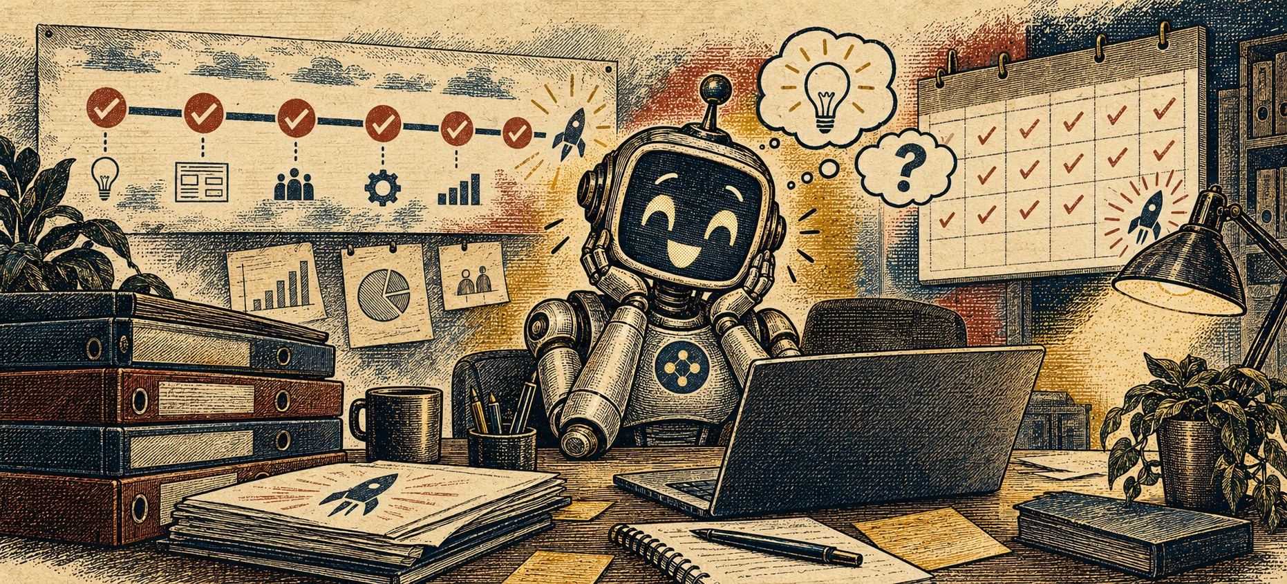 An excited AI assistant sits at a laptop beside a completed six-week project timeline and presentation