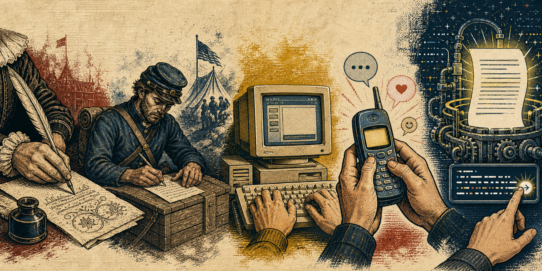 Editorial illustration moving from an Elizabethan quill writer to a Civil War letter writer, a desktop computer, a mobile phone, and an AI writing machine