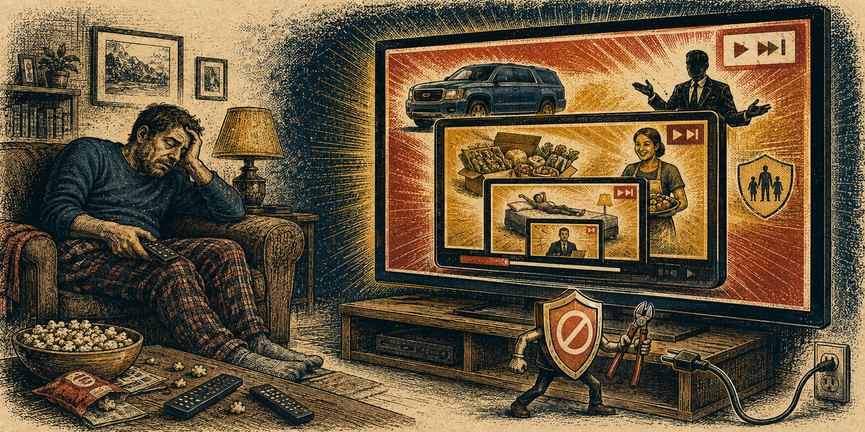 Editorial illustration of an exhausted viewer facing televisions nested inside televisions while an ad-blocker character approaches the power cord